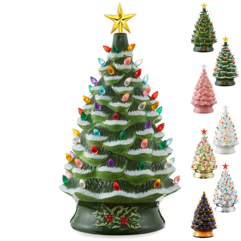 24-in Hand Painted Ceramic Christmas Tree - Pre-Lit Tree with Star